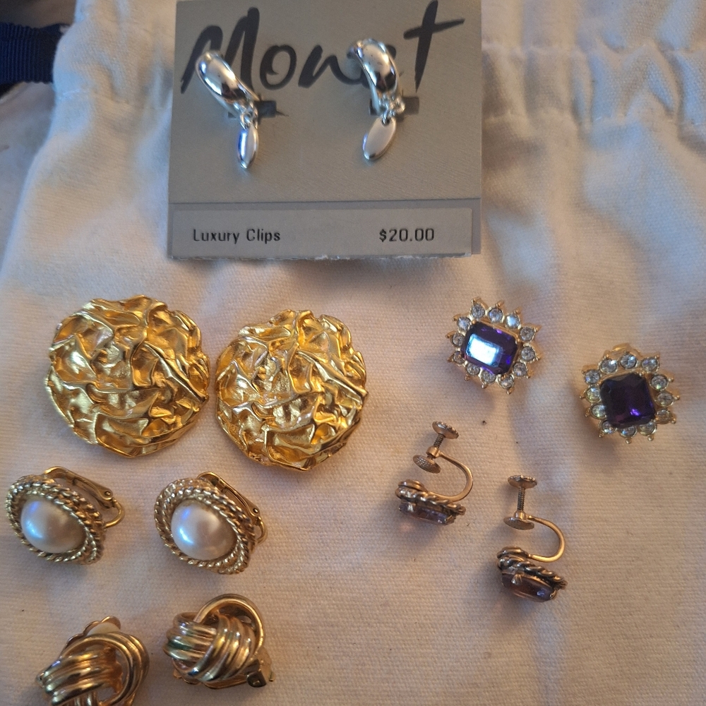 6 Elegant Gold & One Silver Monet and Purple Earrings Set ALL Clip Ons